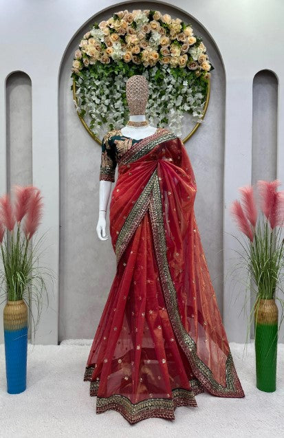 Women's Embroidery Net Red Color Saree With Unstitch Blouse
