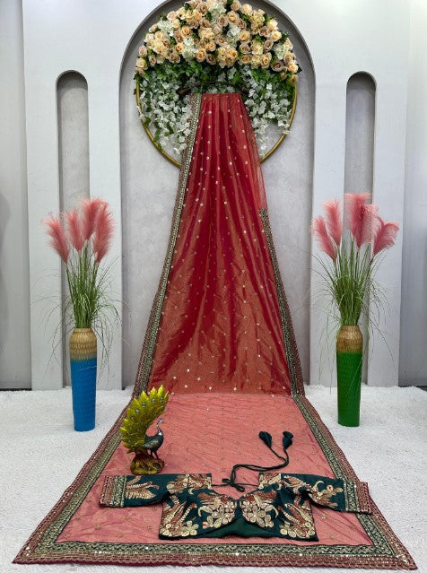 Women's Embroidery Net Red Color Saree With Unstitch Blouse