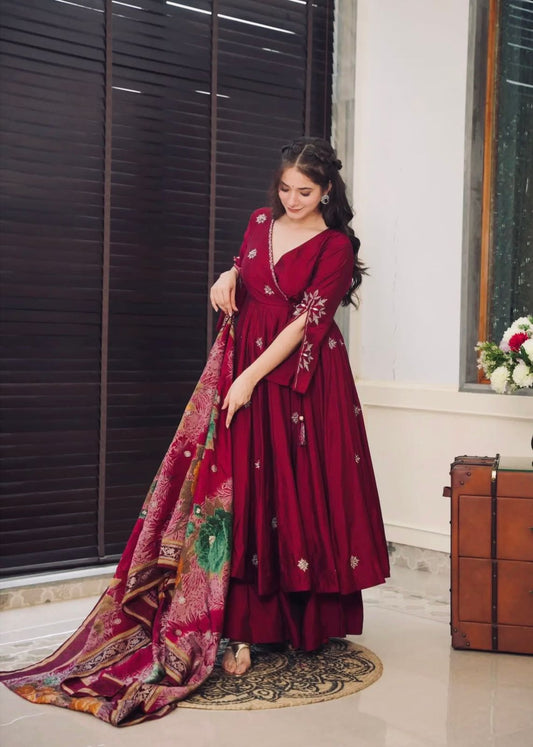 Women's Chinon Silk Embroidery Maroon Color Anarkali Kurta Pant With Dupatta