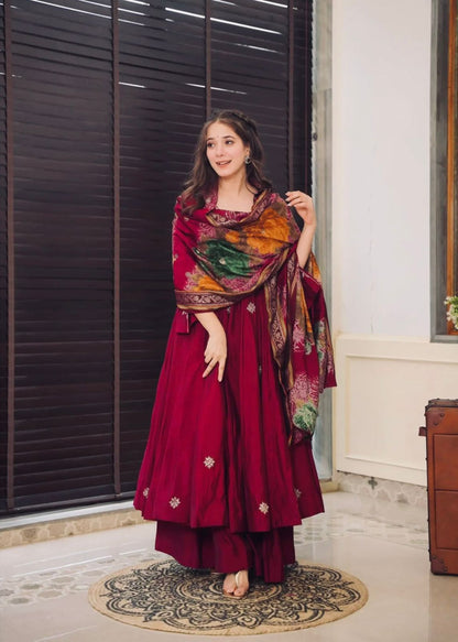 Women's Chinon Silk Embroidery Maroon Color Anarkali Kurta Pant With Dupatta