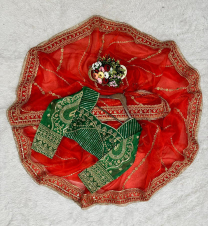 Women's Bollywood Designer Embroidery Organza Red Colour Saree With Unstitch Green Colour Blouse