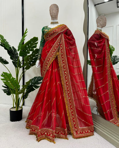 Women's Bollywood Designer Embroidery Organza Red Colour Saree With Unstitch Green Colour Blouse