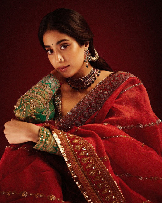 Women's Embroidery Organza Red Color Saree With Unstitch Blouse