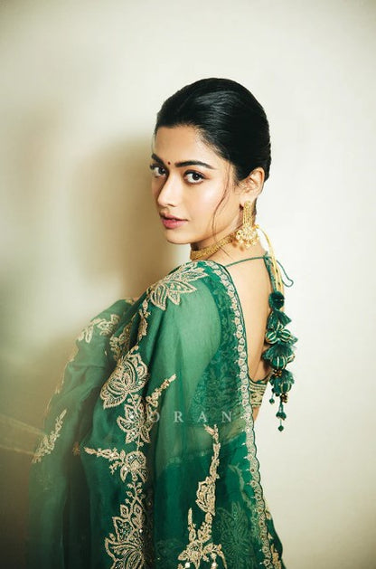 Women's Embroidery Organza Green Color Saree With Unstitch Blouse