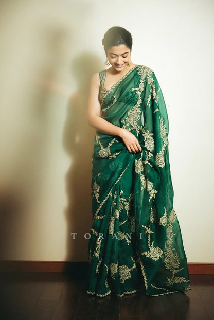Women's Embroidery Organza Green Color Saree With Unstitch Blouse