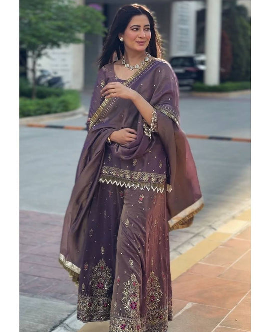 Women's Net Embroidery Lavender Color Kurta Sharara With Dupatta