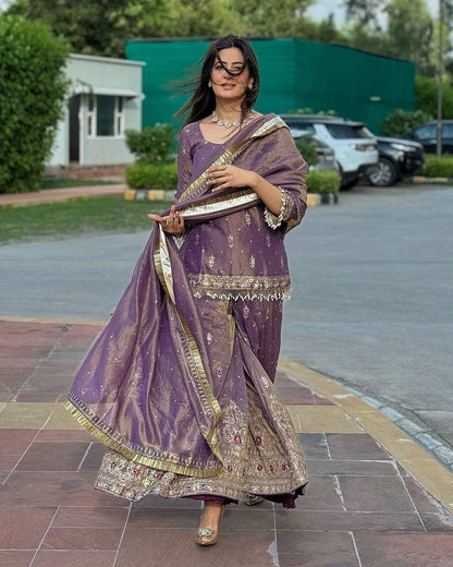 Women's Net Embroidery Lavender Color Kurta Sharara With Dupatta