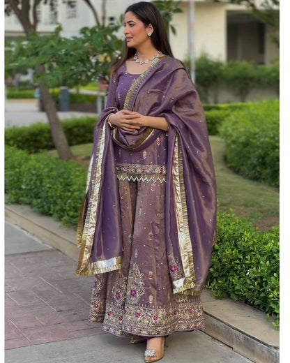 Women's Net Embroidery Lavender Color Kurta Sharara With Dupatta