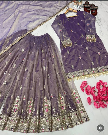 Women's Net Embroidery Lavender Color Kurta Sharara With Dupatta