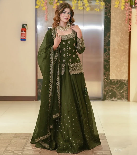 Women Designer Simmer Silk Green Color Lehenga Choti With Dupatta
