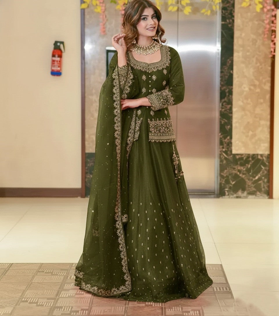 Women Designer Simmer Silk Green Color Lehenga Choti With Dupatta