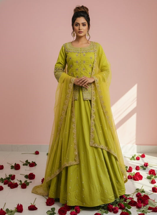 Women Designer Simmer Silk Lemon Color Lehenga Choti With Dupatta
