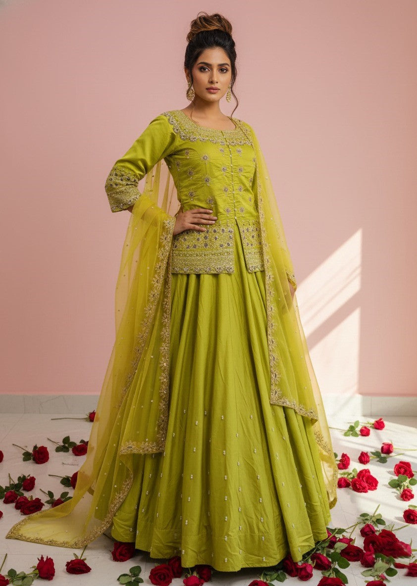 Women Designer Simmer Silk Lemon Color Lehenga Choti With Dupatta