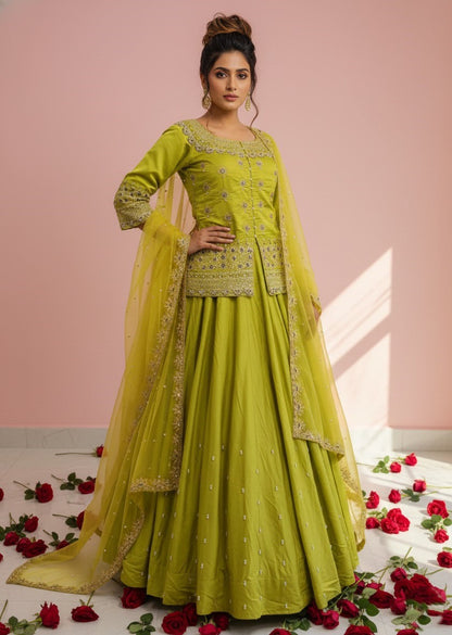 Women Designer Simmer Silk Lemon Color Lehenga Choti With Dupatta