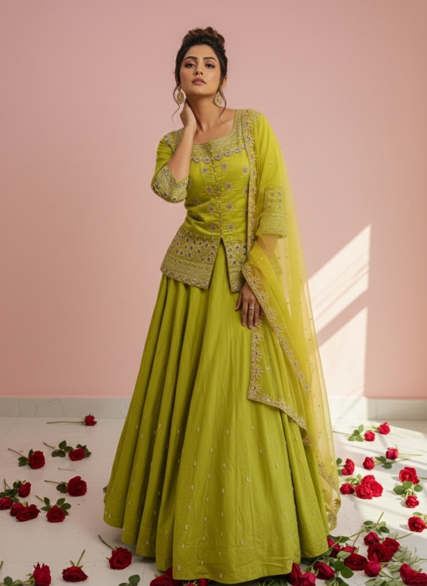 Women Designer Simmer Silk Lemon Color Lehenga Choti With Dupatta