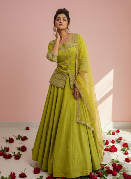 Women Designer Simmer Silk Lemon Color Lehenga Choti With Dupatta