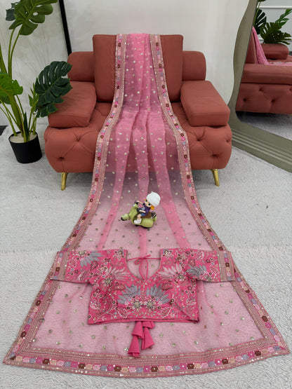 Women's Embroidery Organza Pink Color Saree With Dupion Silk Unstitch Blouse