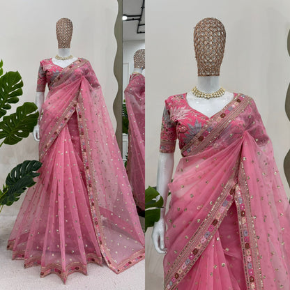 Women's Embroidery Organza Pink Color Saree With Dupion Silk Unstitch Blouse