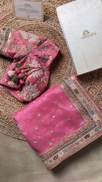Women's Embroidery Organza Pink Color Saree With Dupion Silk Unstitch Blouse