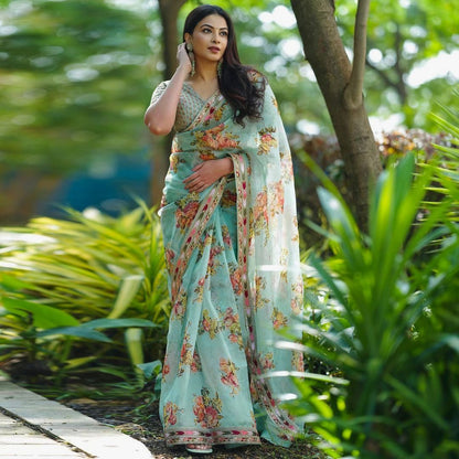 Women's Printed Embroidery Organza Green Colour Saree With Unstitch Dhupian Silk Blouse Pcs