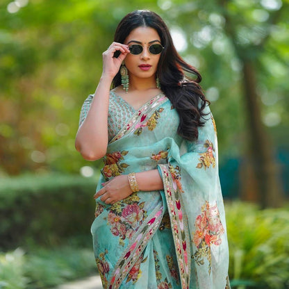 Women's Printed Embroidery Organza Green Colour Saree With Unstitch Dhupian Silk Blouse Pcs