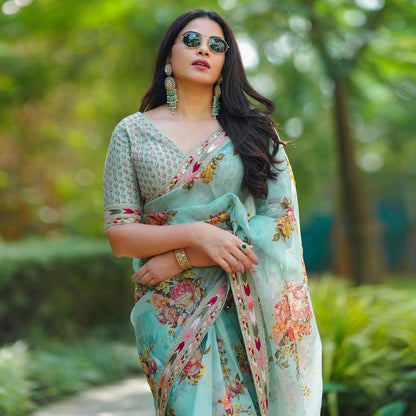 Women's Printed Embroidery Organza Green Colour Saree With Unstitch Dhupian Silk Blouse Pcs