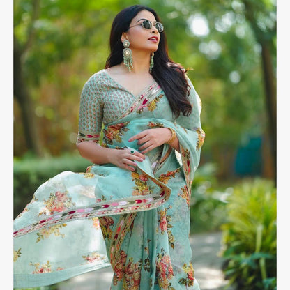 Women's Printed Embroidery Organza Green Colour Saree With Unstitch Dhupian Silk Blouse Pcs