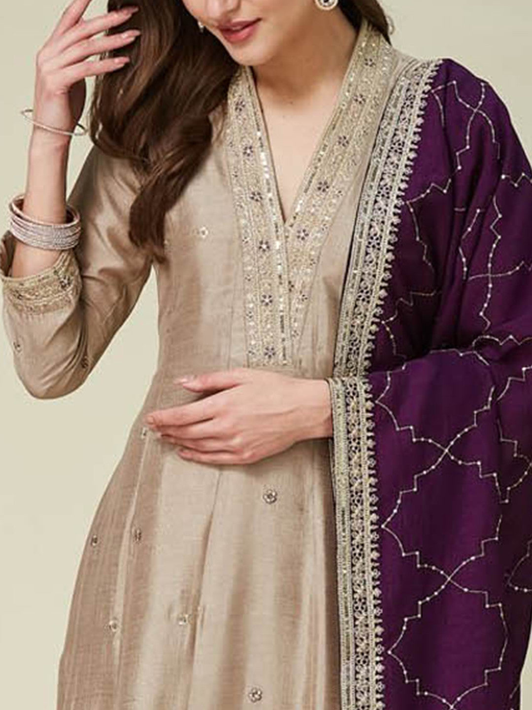 Women's Designer Vichitra Silk Cream Color Embroidery Anarkali Kurta Pant with Dupatta Set