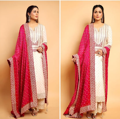 Women's Georgette Embroidery White Color Kurta Pant With Dupatta