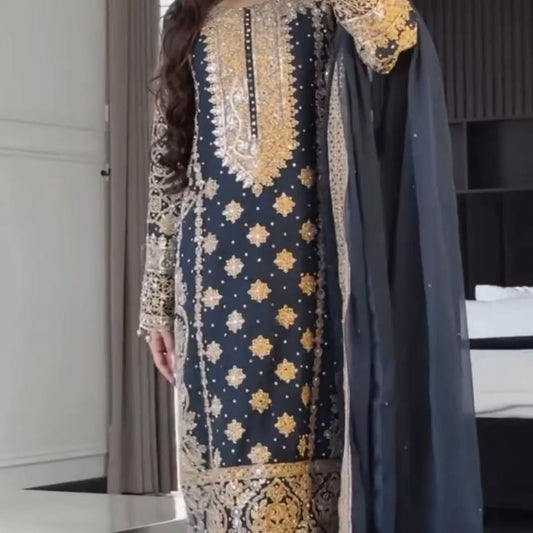 Women's Georgette Embroidery Navy Blue Color Kurta Palazzo With Dupatta