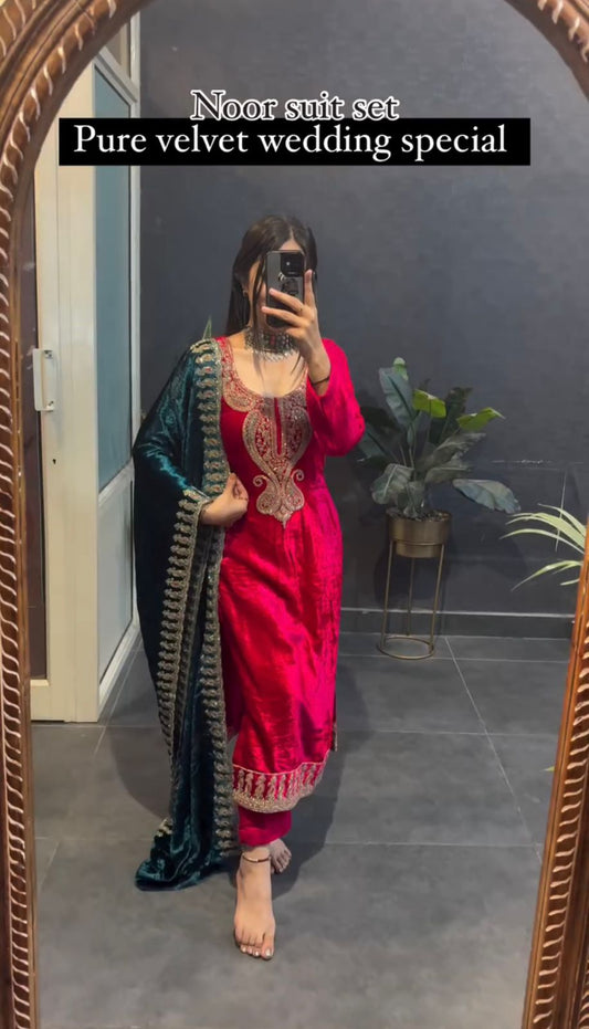 Women's Velvet Embroidery Pink Color Kurta Pant With Dupatta