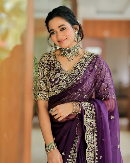 Women's Printed Embroidery Organza Purple Colour Saree With Unstitch Dhupian Silk Blouse Pcs