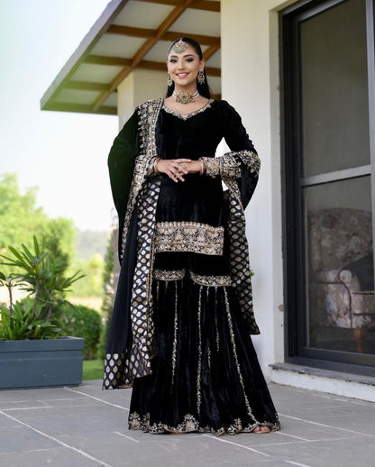Women's Velvet Embroidery Black Color Kurta Sharara With Dupatta