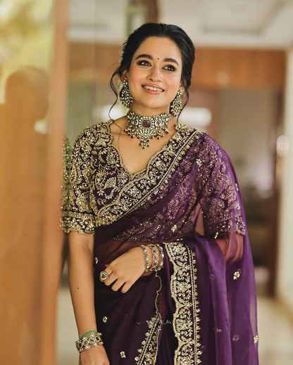 Women's Printed Embroidery Organza Purple Colour Saree With Unstitch Dhupian Silk Blouse Pcs