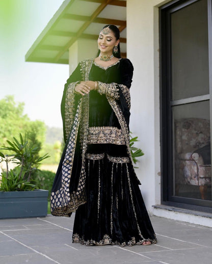 Women's Velvet Embroidery Black Color Kurta Sharara With Dupatta