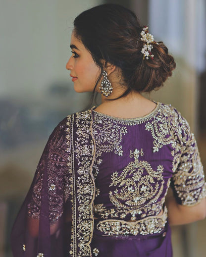 Women's Printed Embroidery Organza Purple Colour Saree With Unstitch Dhupian Silk Blouse Pcs