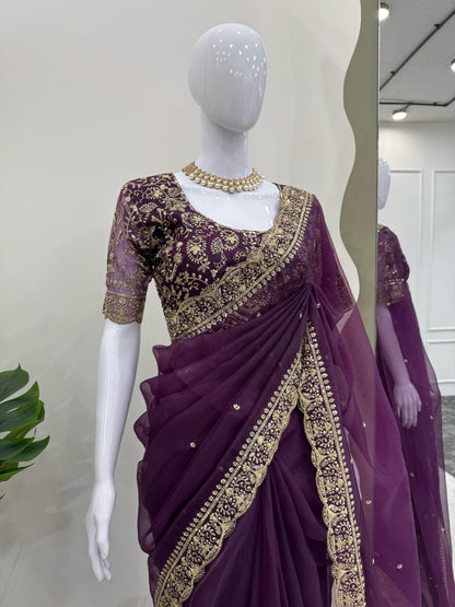 Women's Printed Embroidery Organza Purple Colour Saree With Unstitch Dhupian Silk Blouse Pcs