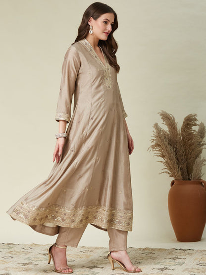 Women's Designer Vichitra Silk Cream Color Embroidery Anarkali Kurta Pant with Dupatta Set