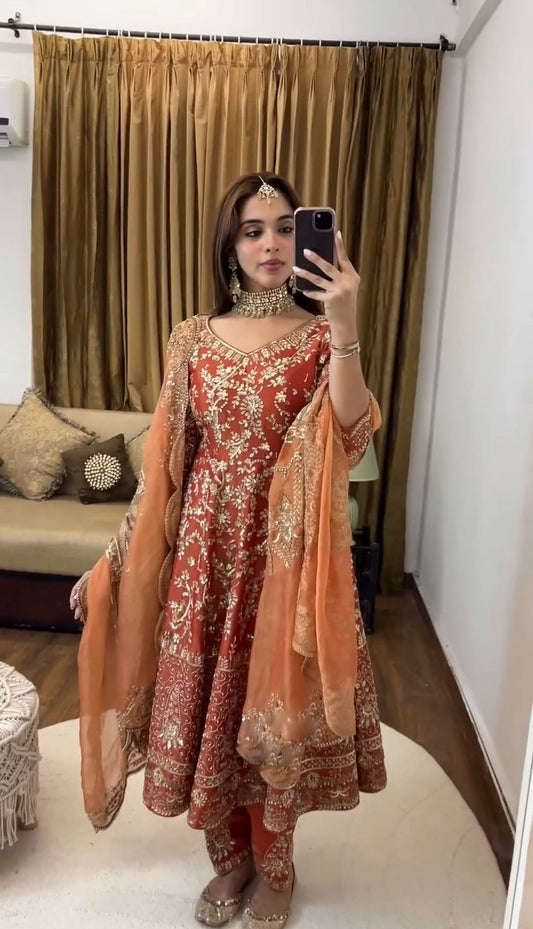 Women's Georgette Embroidery Orange Color Anarkali Kurta Pant With Dupatta