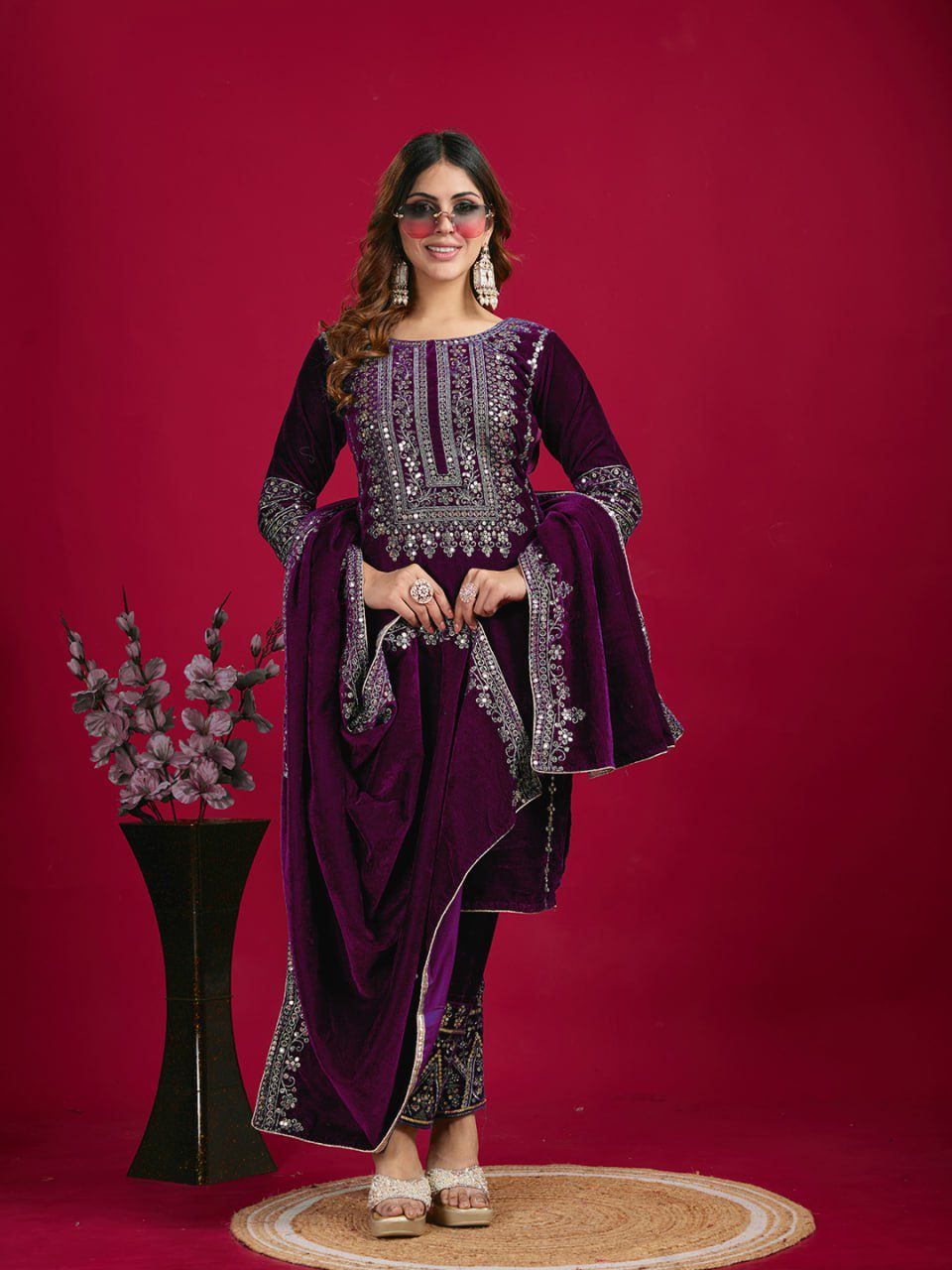 Women's Velvet Embroidery Purple Color Kurta Pant With Dupatta