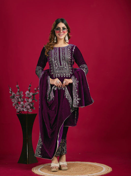 Women's Velvet Embroidery Purple Color Kurta Pant With Dupatta