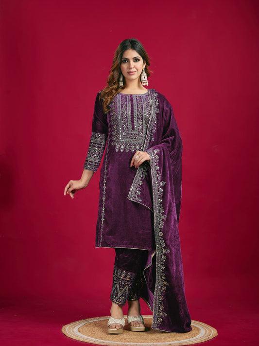 Women's Velvet Embroidery Purple Color Kurta Pant With Dupatta