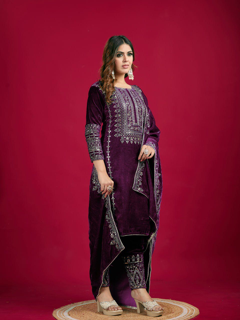 Women's Velvet Embroidery Purple Color Kurta Pant With Dupatta
