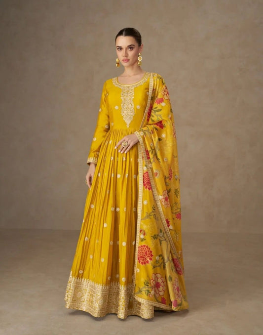 Women's Designer Chinnon Silk Yellow Color Embroidery Anarkali Kurta Pant with Dupatta Set