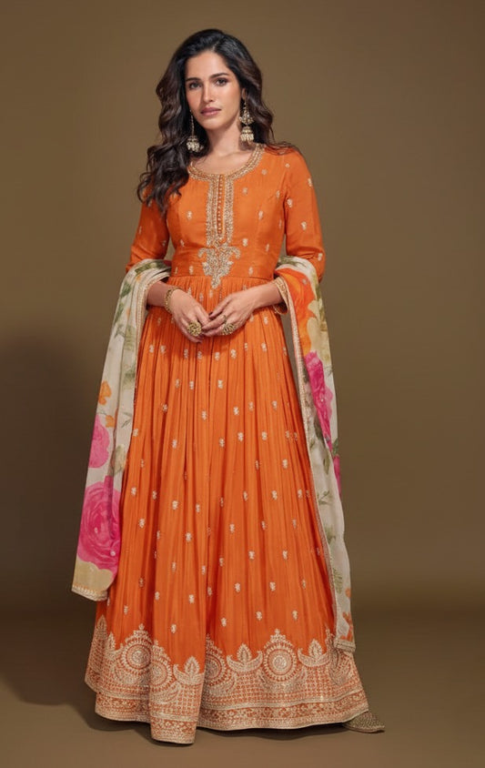Women's Designer Chinon Silk Orange Color Embroidery Anarkali Kurta Pant with Dupatta Set