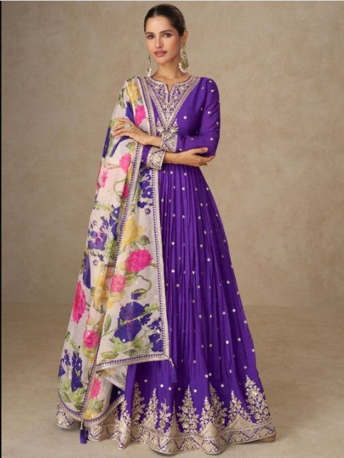 Women's Designer Chinon Silk Purple Color Embroidery Anarkali Kurta Pant with Dupatta Set
