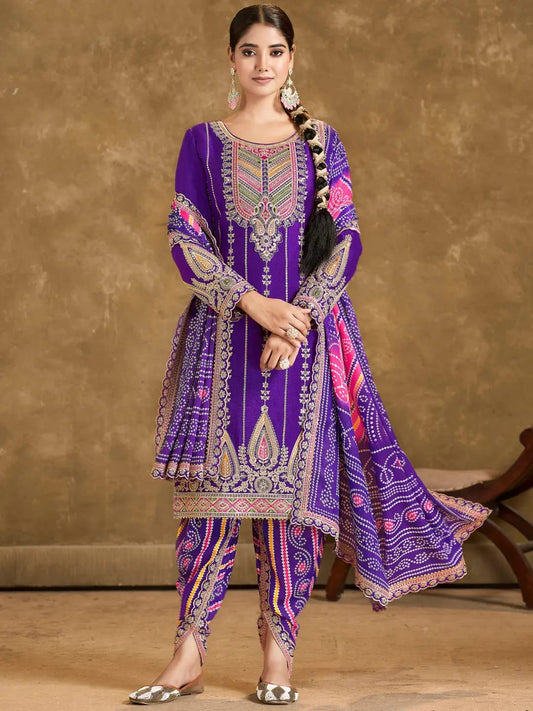 Women's Chinon Silk Embroidery Purple Color Bandhani Prints Straight Kurta Dhoti-Pant With Dupatta