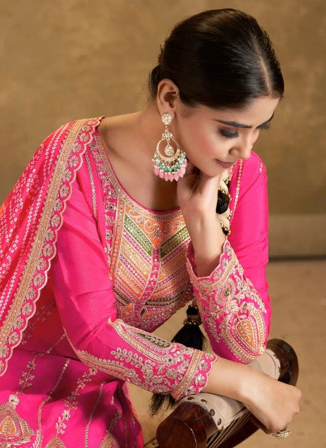 Women's Chinon Silk Embroidery Pink Color Bandhani Prints Straight Kurta Dhoti-Pant With Dupatta