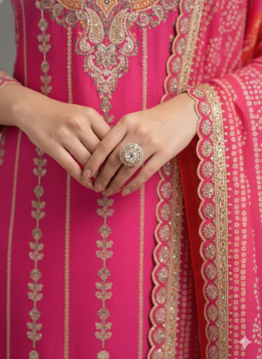 Women's Chinon Silk Embroidery Pink Color Bandhani Prints Straight Kurta Dhoti-Pant With Dupatta