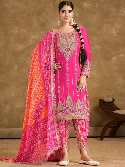 Women's Chinon Silk Embroidery Pink Color Bandhani Prints Straight Kurta Dhoti-Pant With Dupatta
